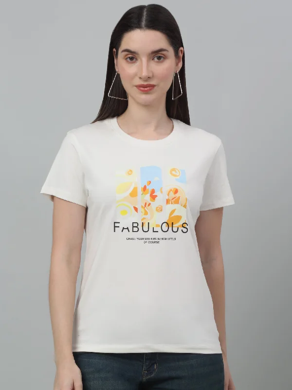 Cantabil Women's Off White Printed Round Neck Casual T-shirt For Summer