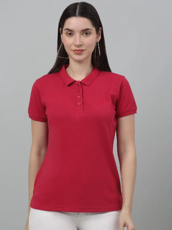 Cantabil Women's Dark Pink Solid Polo Neck Casual T-shirt For Summer