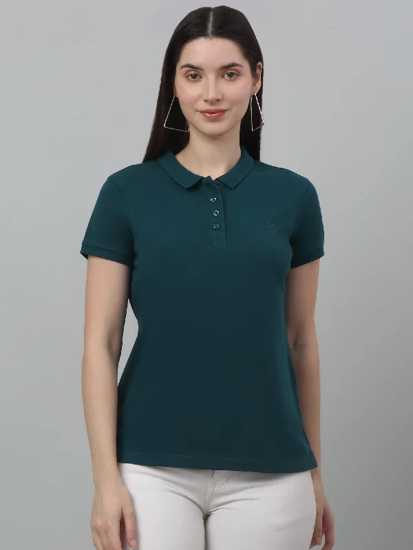 Cantabil Women's Teal Blue Solid Polo Neck Casual T-shirt For Summer