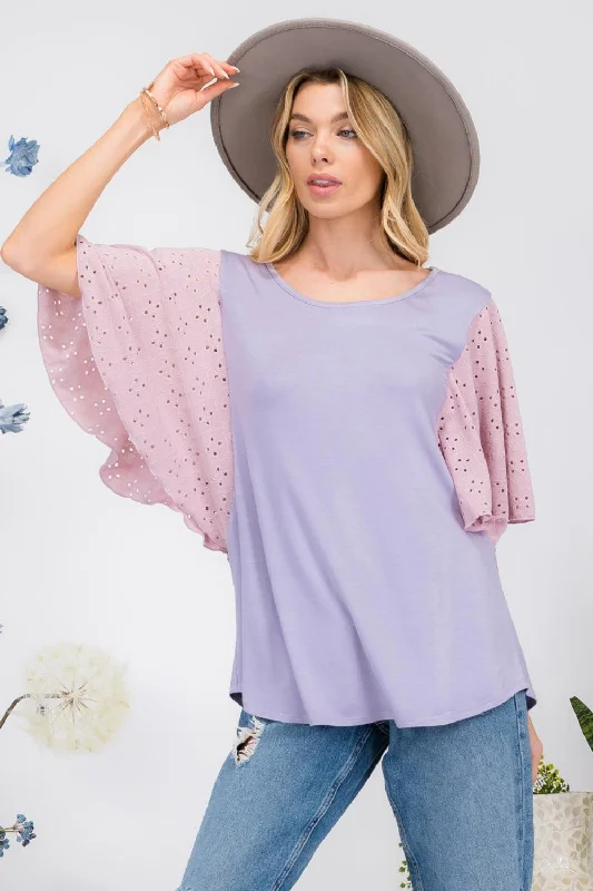 Contrast Eyelet Ruffle Sleeve Blouse