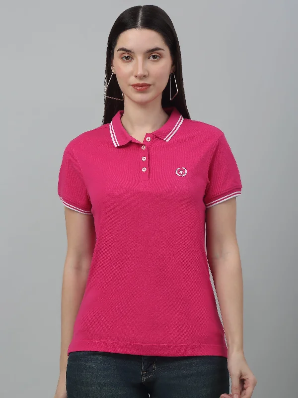 Cantabil Women's Dark Pink Solid Polo Neck Casual T-shirt For Summer