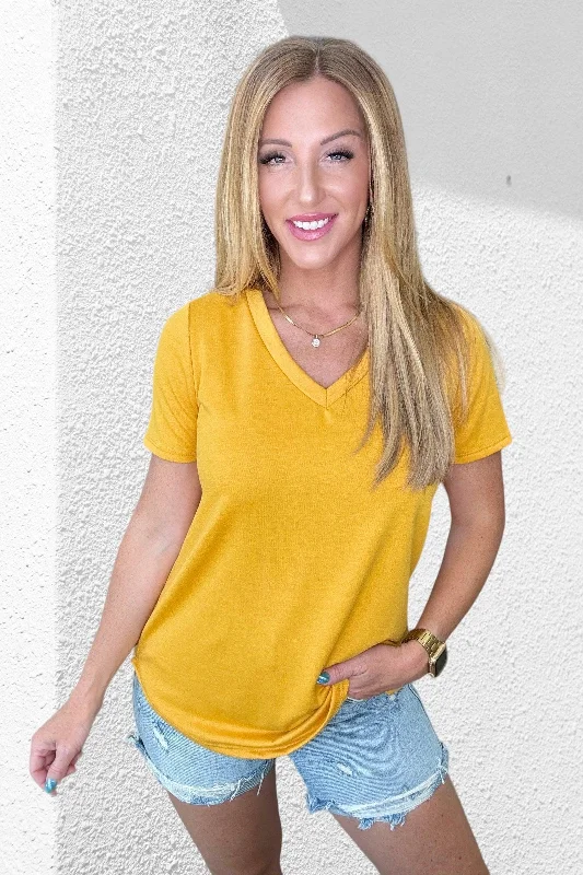 Mustard Scooped Hem V-Neck Top