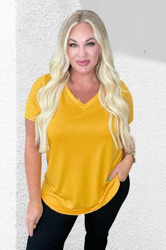 Mustard Scooped Hem V-Neck Top