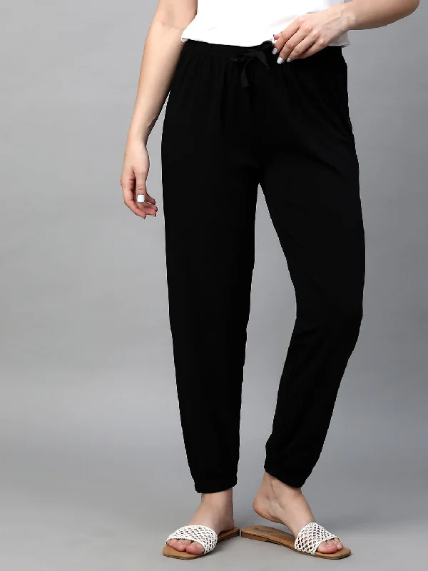 Women's Black Cotton Bamboo Elastane Regular Fit Pant