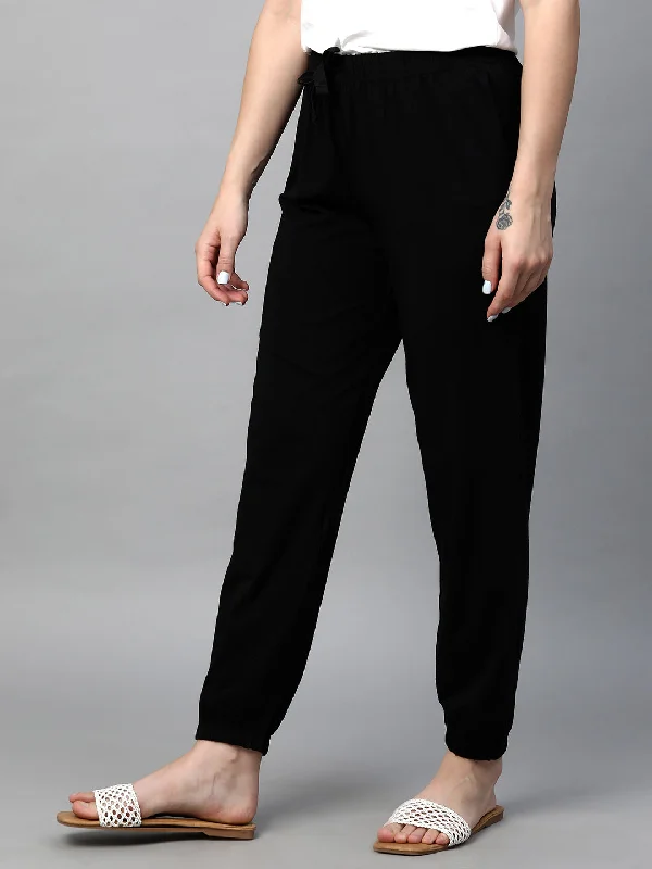 Women's Black Cotton Bamboo Elastane Regular Fit Pant