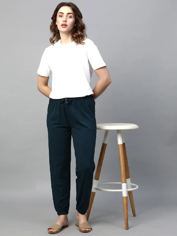 Women's Dark Blue Cotton Bamboo Elastane Regular Fit Pant