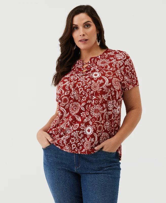 Plus Size Paisley Print Lace-Up Tee