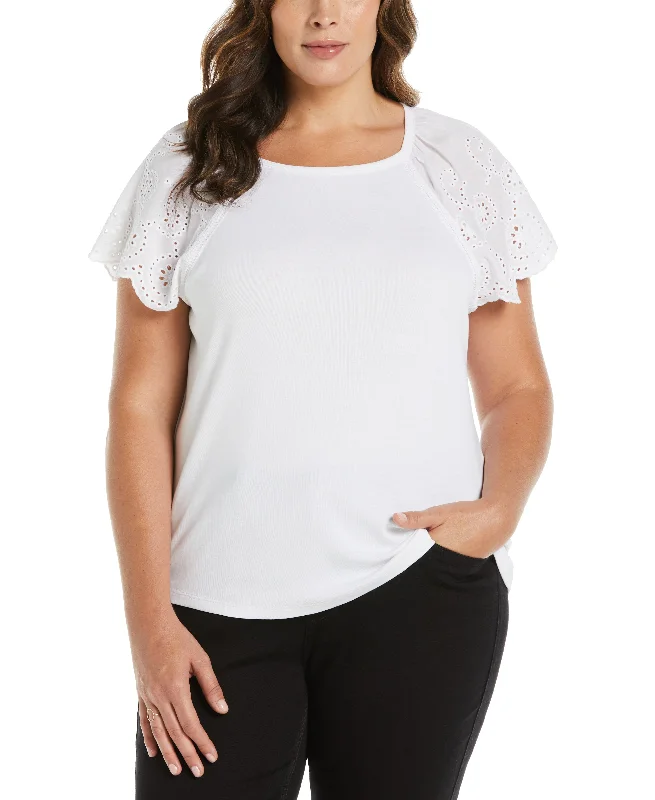 Plus Size Rib Knit Eyelet Sleeve Tee