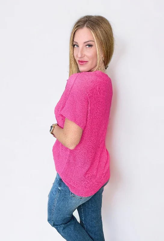 Trial and Error Textured V-Neck Blouse in Magenta