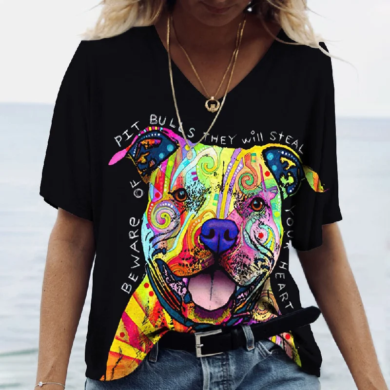 V-neck Top Short Sleeve T-shirts 3D Cute Dog Print