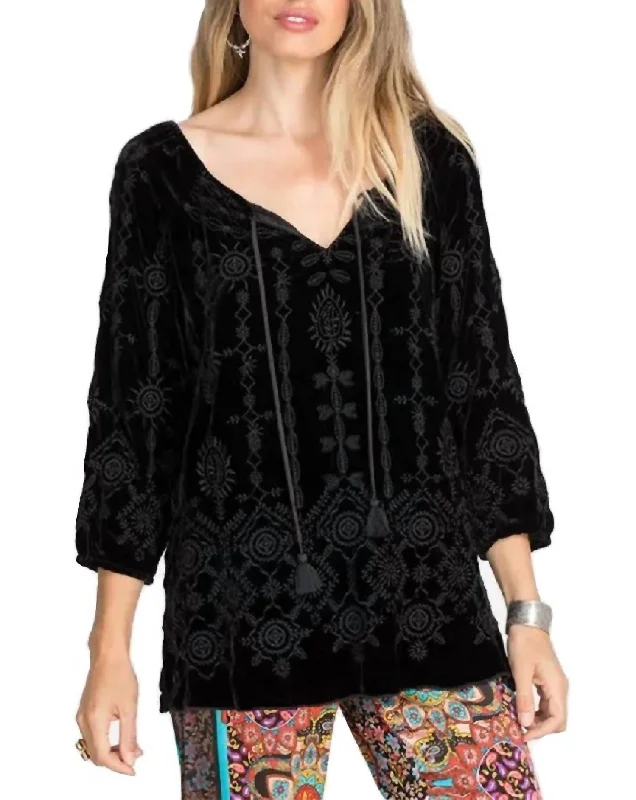 Althea Velvet Peasant Blouse In Black