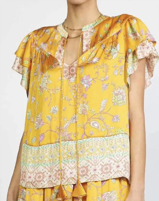 Border Printed Flutter Sleeve Split Neck Blouse W/ Self Tie In Yellow Multi