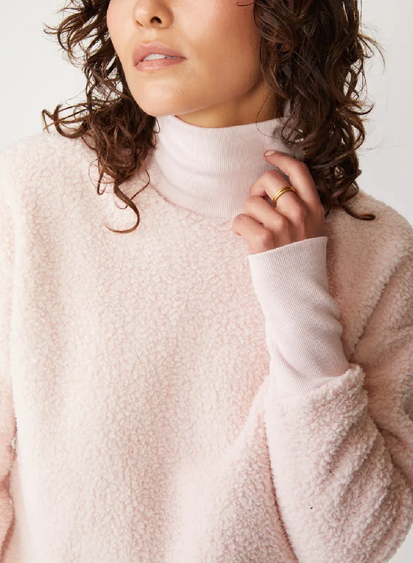 Double Faced Sherpa Long Sleeve Mock Neck Top in Chalk Pink