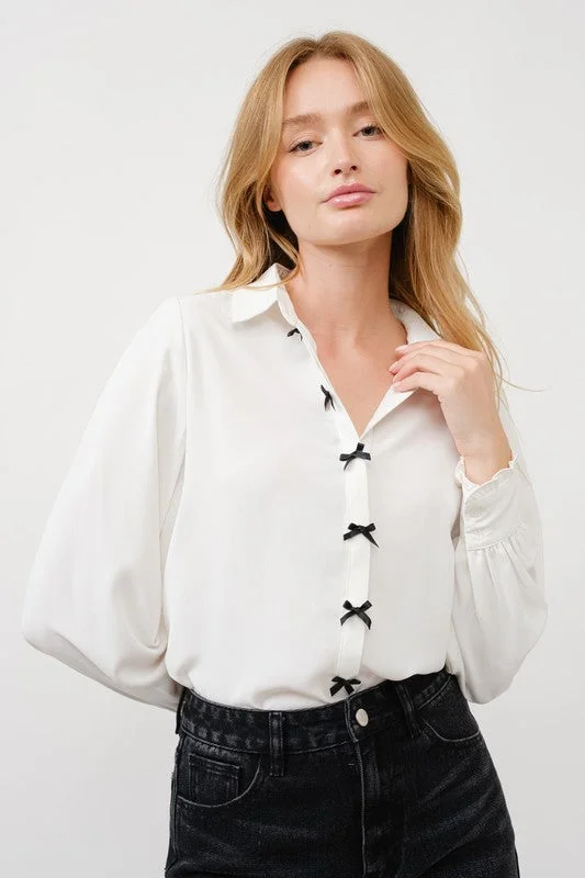 Norah Long Sleeve Bow Button Down Top White