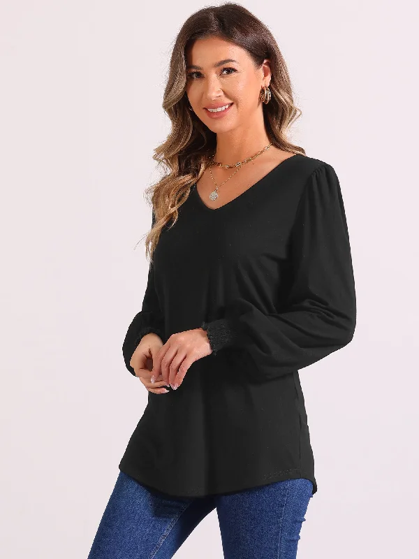 V Neck Puff Long Sleeve Smocked Cuff Casual Blouse