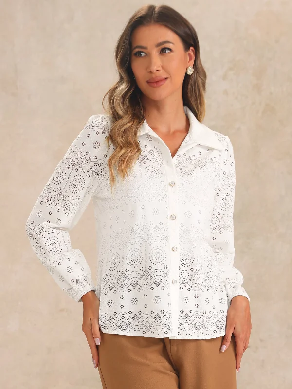 Eyelet Sheer Boho Button Down Puff Sleeves Shirts