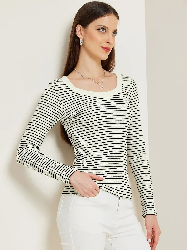 Stripe Stretch Scoop Neck Long Sleeve Casual Basic Top