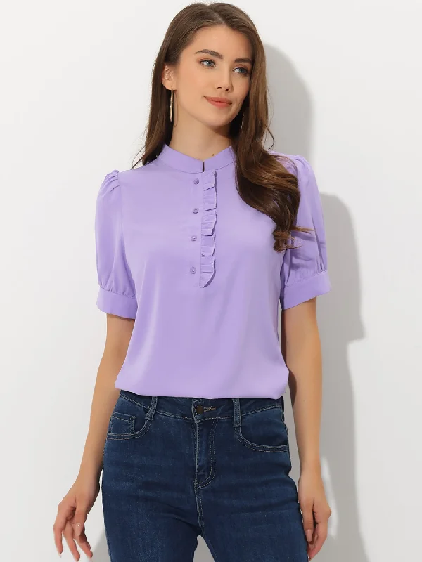 Work Office Top Puff Sleeve Half Placket Ruffled Shirt Blouse