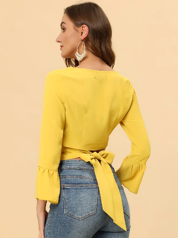 Chiffon Blouse Bow Tie Back Bell Sleeve Crop Top