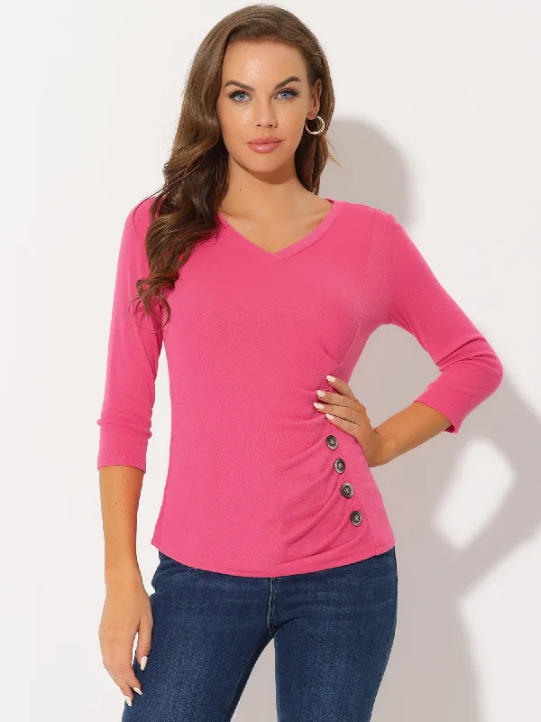 3/4 Sleeve Solid Knitted Button Decor Ruched Blouse