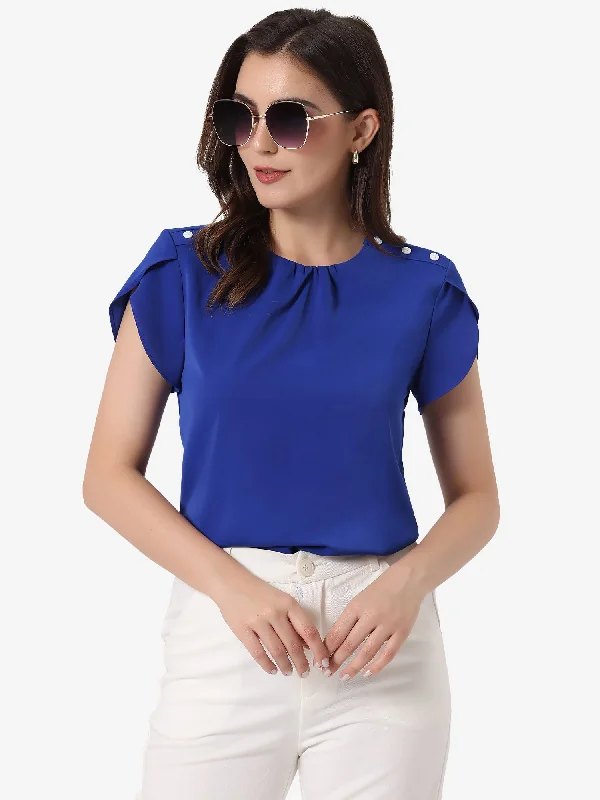 Casual Blouse Cap Sleeve Pleated Round Neck Top