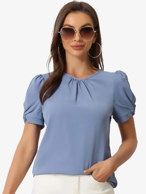 Ruched Sleeve Pleated Front Round Neck Blouse