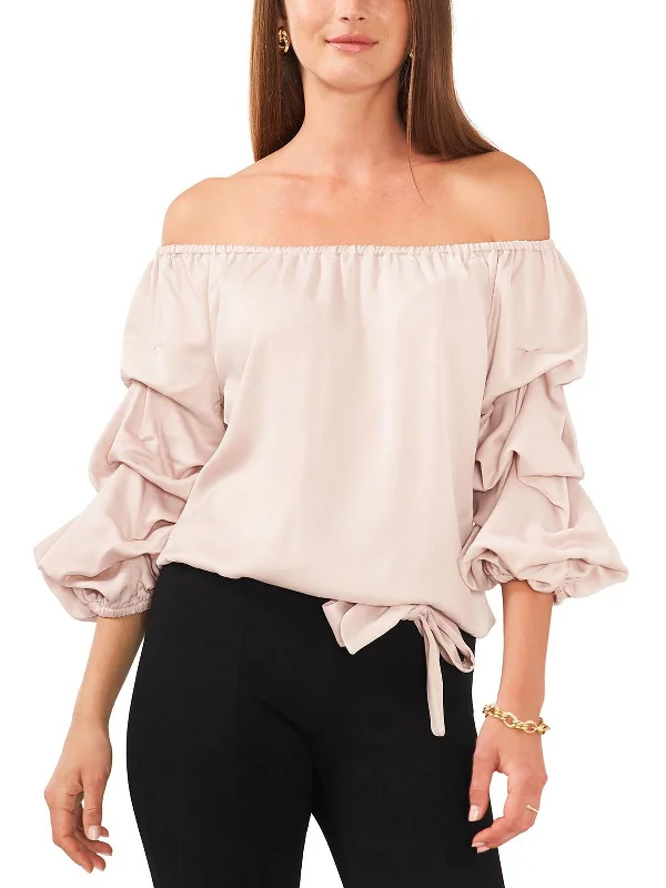 Petites Womens Off Shoulder Gathered Blouse