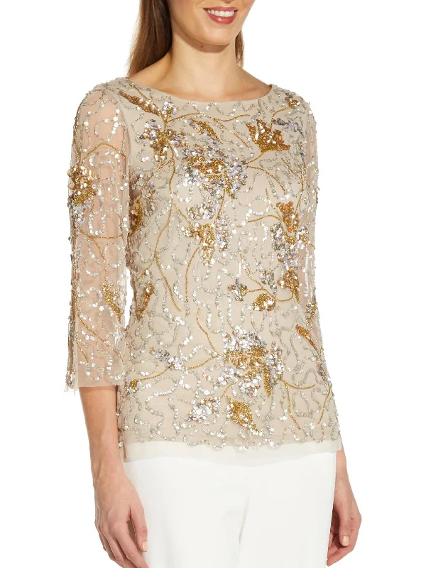 Petites Womens Sequined Burnout Blouse