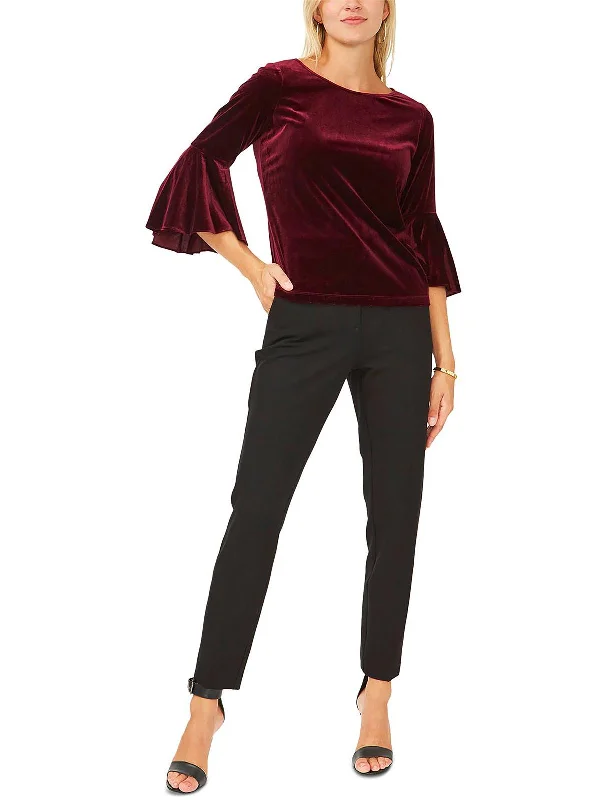 Petites Womens Velvet Bell Sleeve Blouse