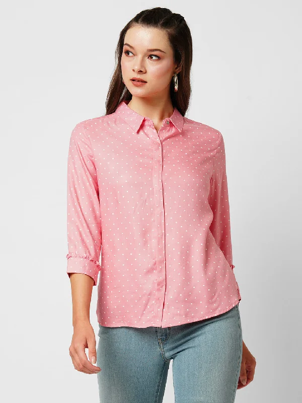 Women Blush Pink Polka Dot Three-Quarter Sleeves Shirts