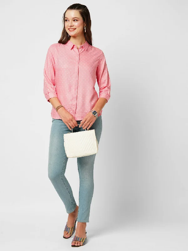 Women Blush Pink Polka Dot Three-Quarter Sleeves Shirts