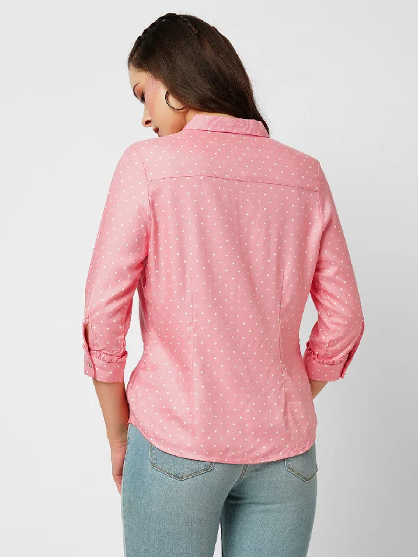 Women Blush Pink Polka Dot Three-Quarter Sleeves Shirts