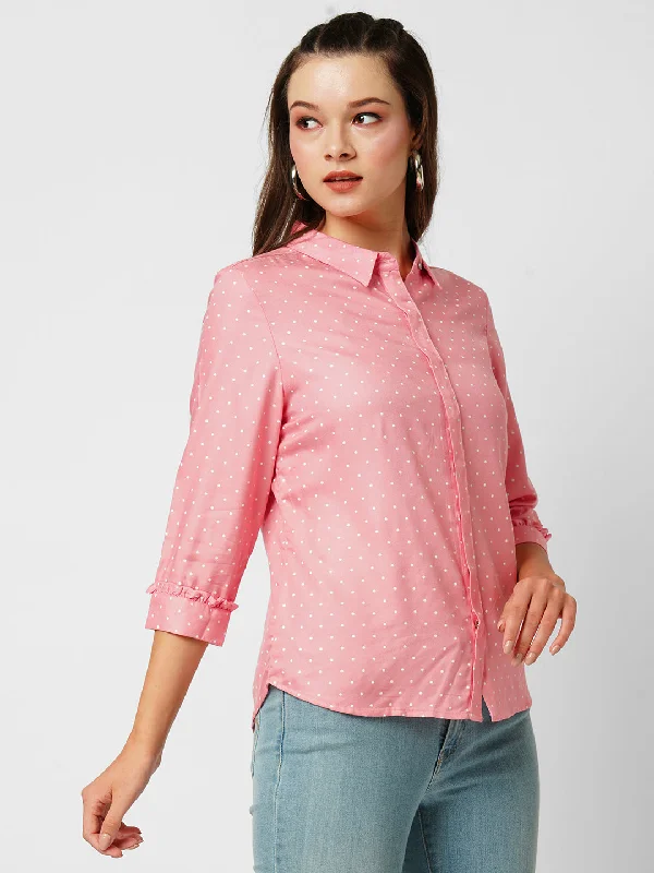 Women Blush Pink Polka Dot Three-Quarter Sleeves Shirts