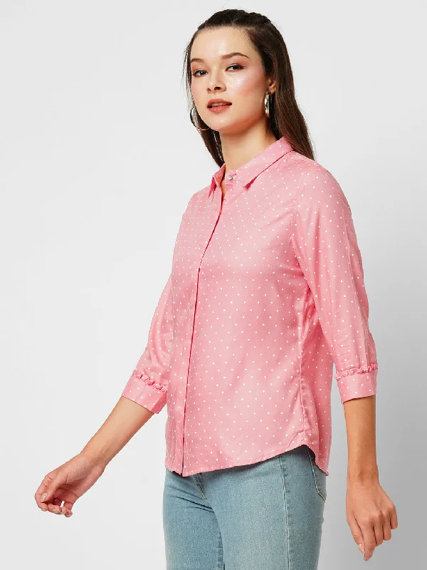 Women Blush Pink Polka Dot Three-Quarter Sleeves Shirts