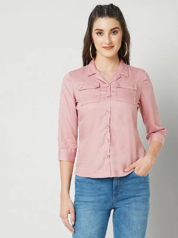 Women Blush Pink Solid Three-Quarter Sleeves Shirts