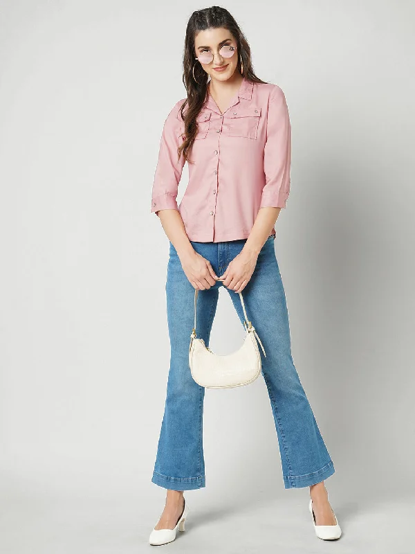 Women Blush Pink Solid Three-Quarter Sleeves Shirts