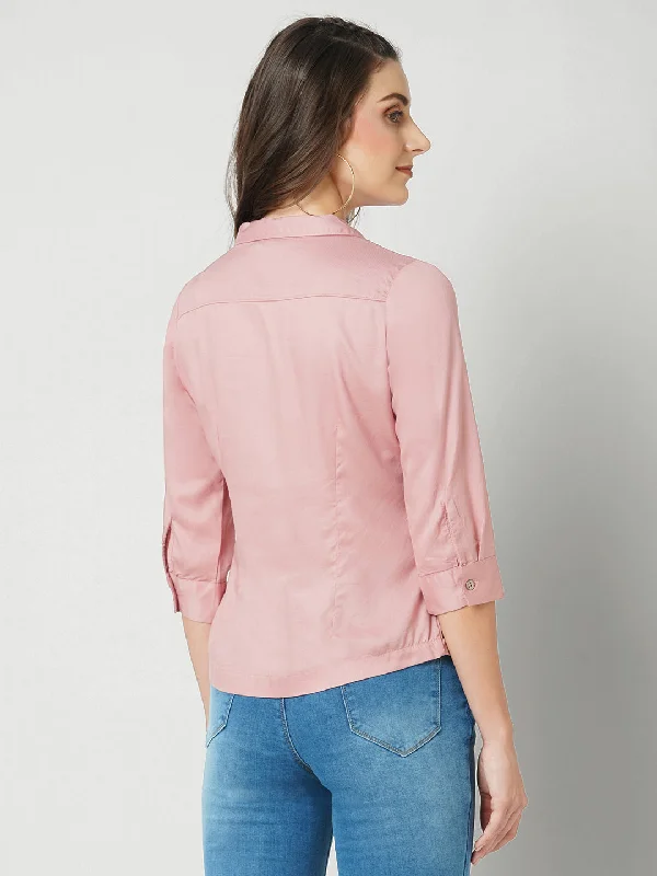 Women Blush Pink Solid Three-Quarter Sleeves Shirts