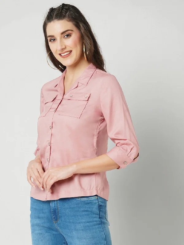 Women Blush Pink Solid Three-Quarter Sleeves Shirts