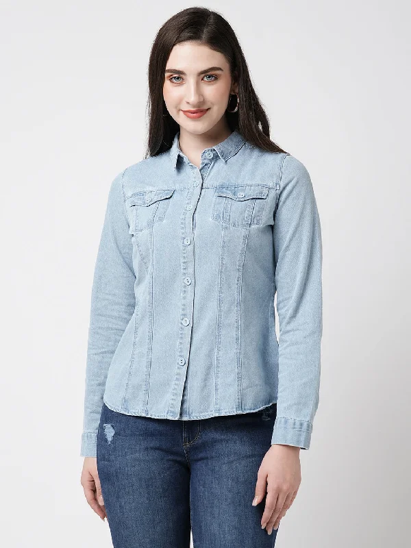 Women Light Blue Denim Long Sleeves Shirt