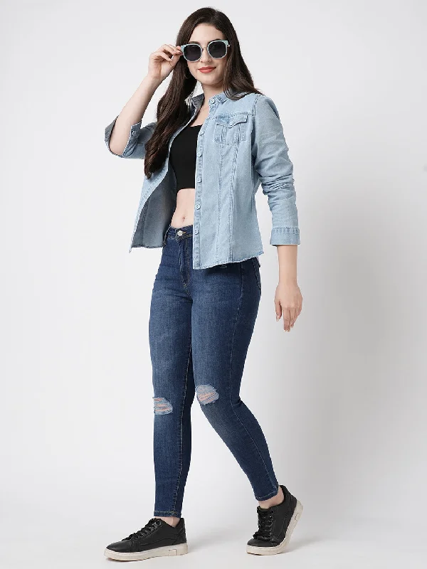 Women Light Blue Denim Long Sleeves Shirt