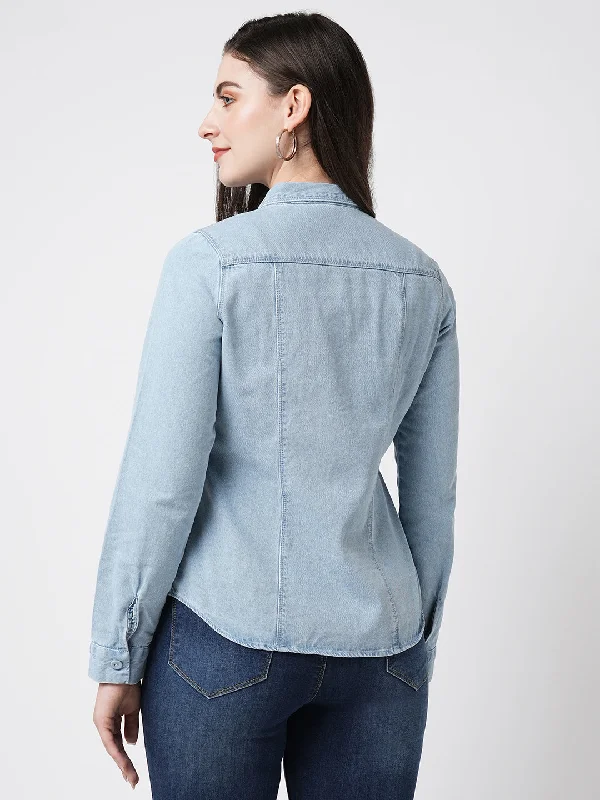 Women Light Blue Denim Long Sleeves Shirt