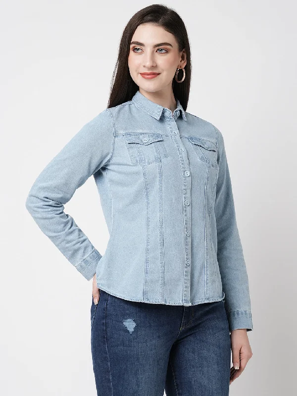 Women Light Blue Denim Long Sleeves Shirt