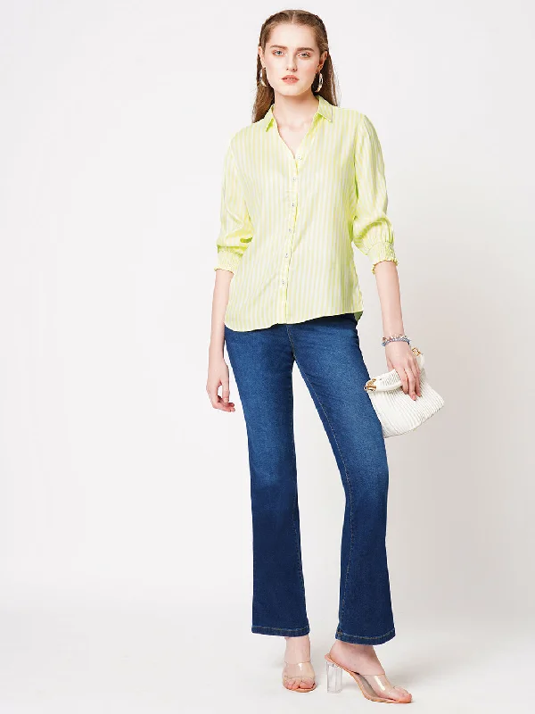 Women Lime & White Striped Slim Fit Shirts