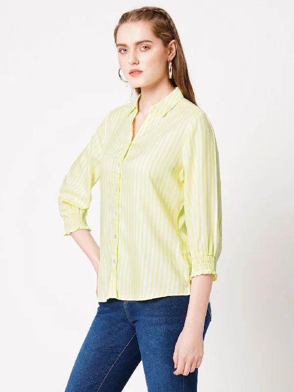 Women Lime & White Striped Slim Fit Shirts