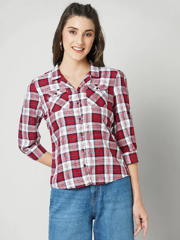 Women Red Checked Three-Quarter Sleeves Shirts