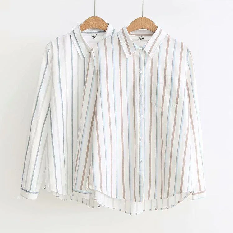 Women's Casual Contrast Color Vertical Striped Shirts 