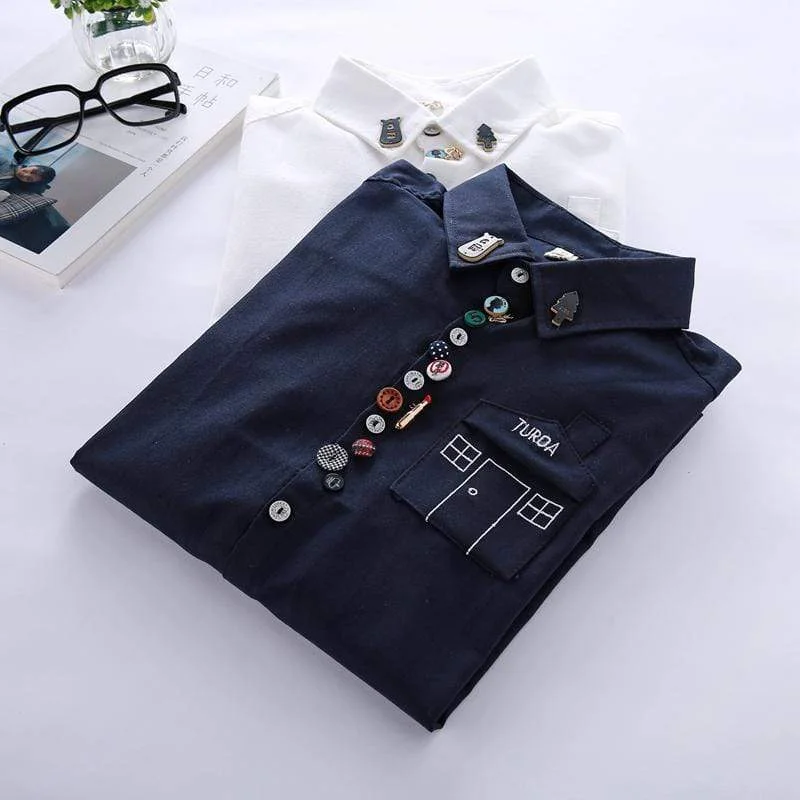 Women's Casual Lapel House Pocket Pure Color Shirts With Colorful Button