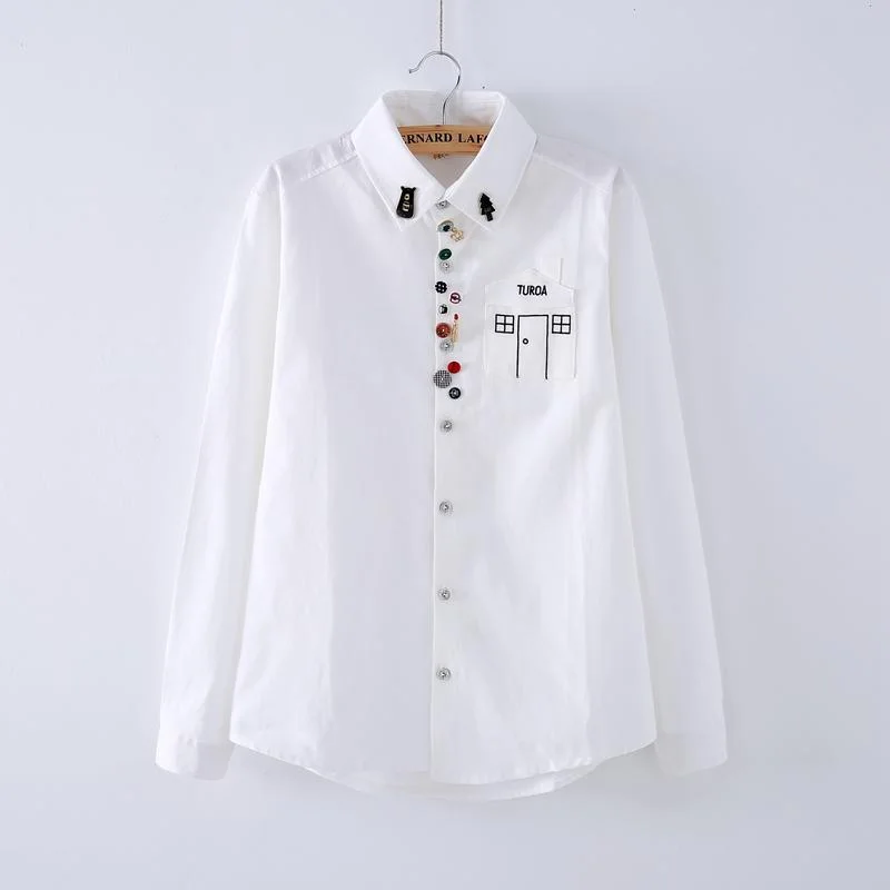 Women's Casual Lapel House Pocket Pure Color Shirts With Colorful Button