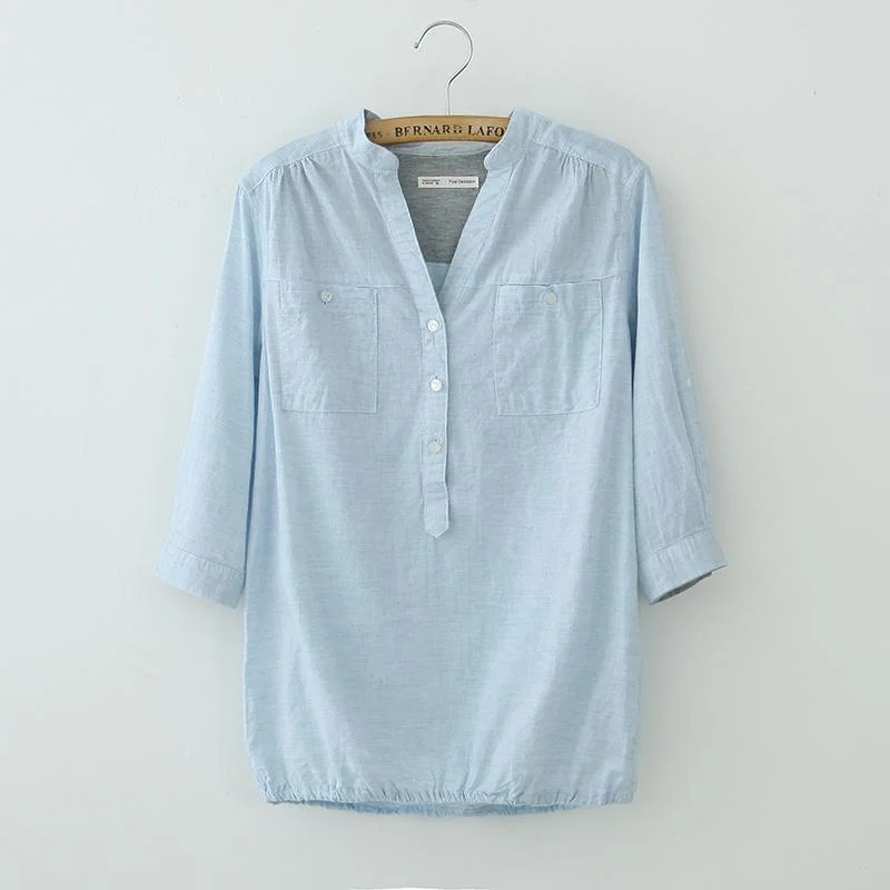 Women's Casual Pure Color Cotton Linen Shirts With Two Pockets