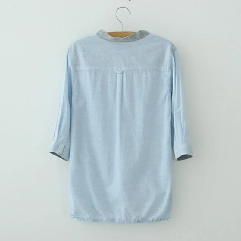 Women's Casual Pure Color Cotton Linen Shirts With Two Pockets